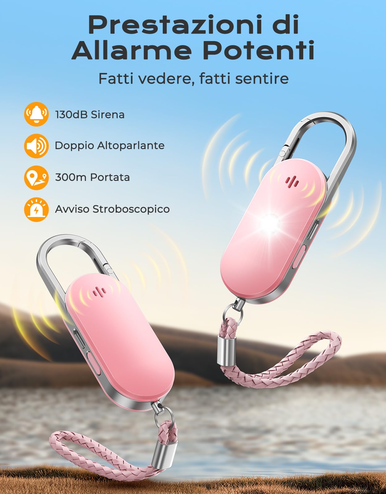 ISEYOU Allarme Personale Antiaggressione, Allarme 130dB Ricaricabile Sirena con LED Luce Stroboscopica Portachiavi Difesa Personale - Dispositivo di Sicurezza di Emergenza per Donne/Bambini/Anziani