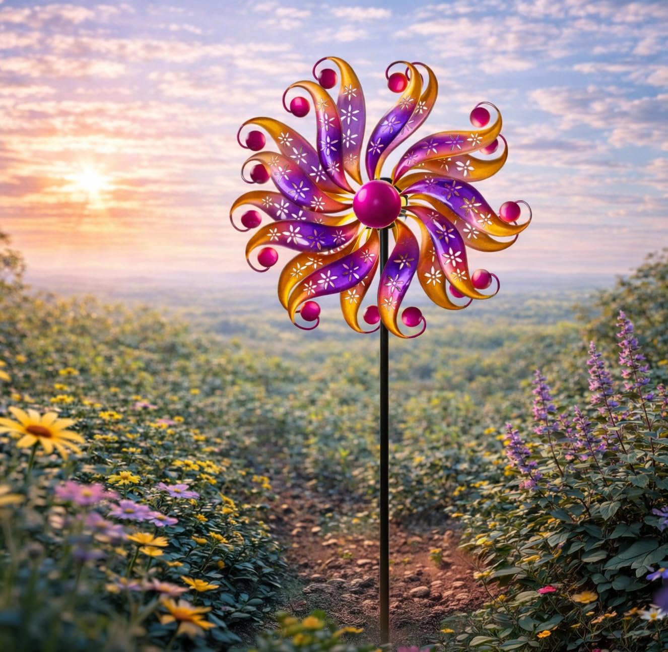 formano Windrad Blume Garten Metall bunt kugelgelagert Windspiel Ø 30/122 cm mit Acryl-Steinen & Erdspieß | Wetterfeste Gartendeko für Beet, Rasen & Terrasse | Vogelabwehr