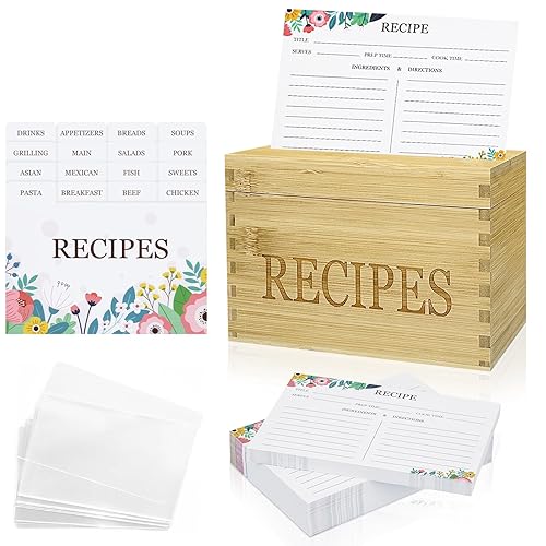 feasteery Bamboo Recipe Box Organizer – Rustic Wooden Box with