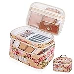 Makeup bag, Large Cosmetic Bag for Women Girls, Cute Quilted Makeup Bags, Floral Coquette Aesthetic Toiletry Bag, Travel Make Up Organizer Bag (Pink Flowers)