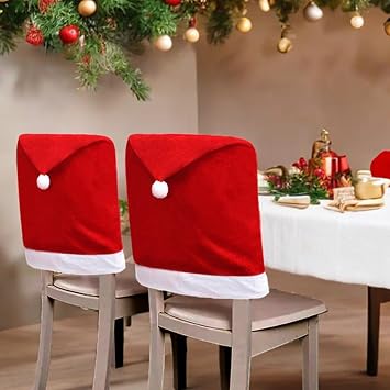 2PCS Christmas Chair Covers, Santa Chair Covers with 2 Silverware Holders, Red Xmas Dining Chair Seat Covers for Christmas Holiday Festival Party Decor