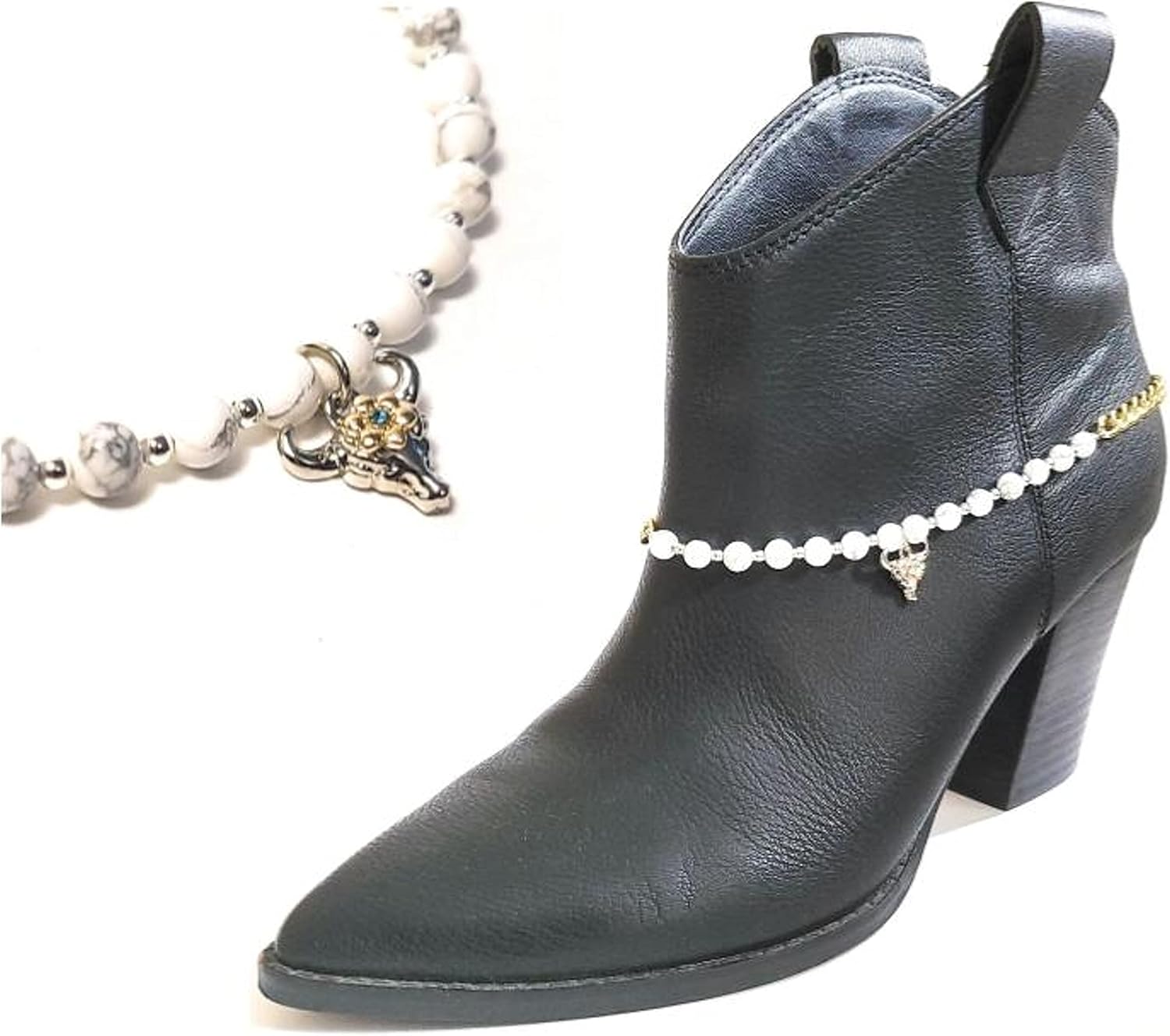 Boot Jewelry Bracelet Longhorn White Howlite Gemstone Plated Gold Chain Adjustable Fits Up to 16 inch Anklet Western Rodeo Accessory Gift Boxed