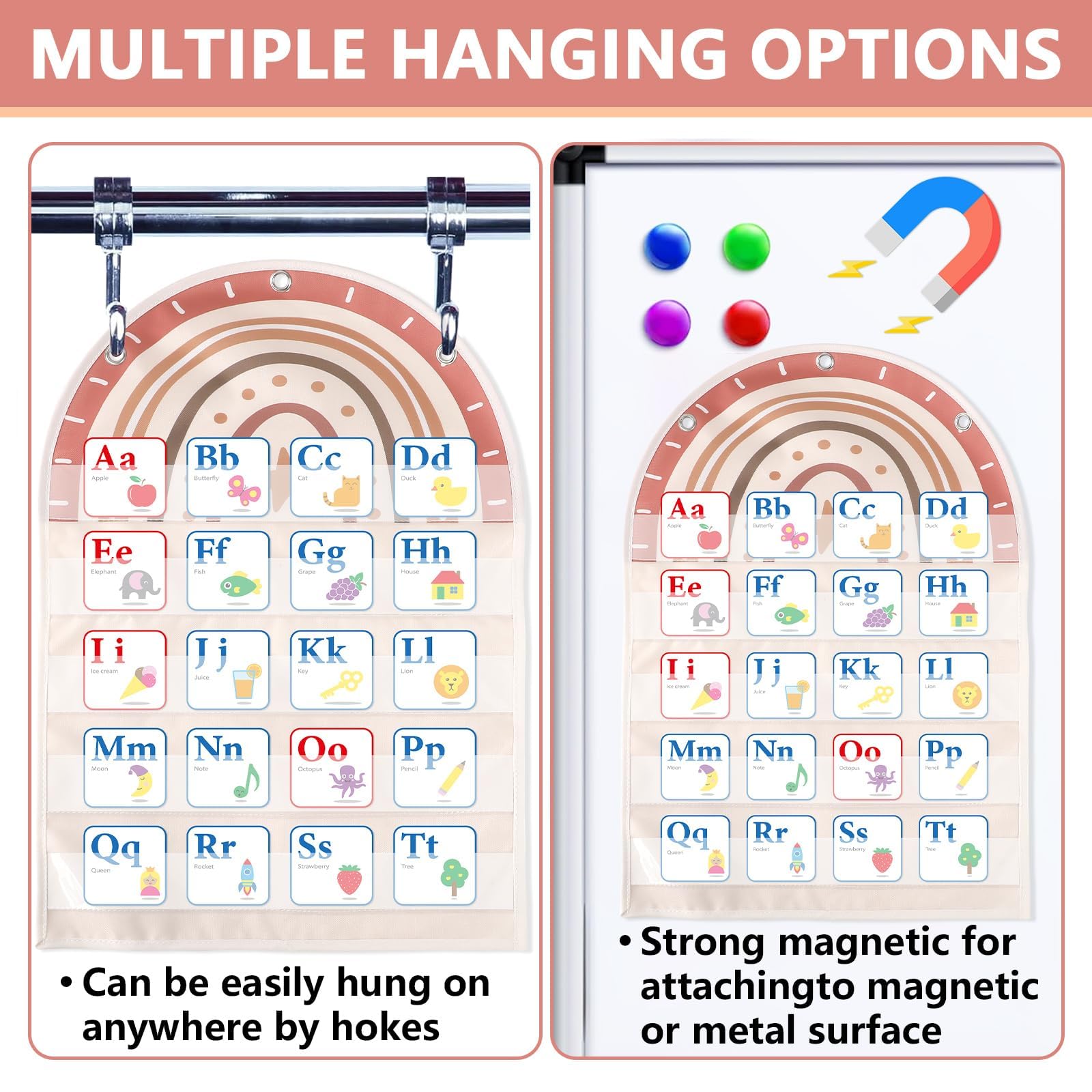 Qyeahkj 6Pcs Classroom Magnetic Pocket Chart Small Boho Rainbow Hanging Scheduling Pocket Chart Management Back to School Resources for Preschool Kids Sentence Strips Cards Office Supplies 17 x 14in - Image 3