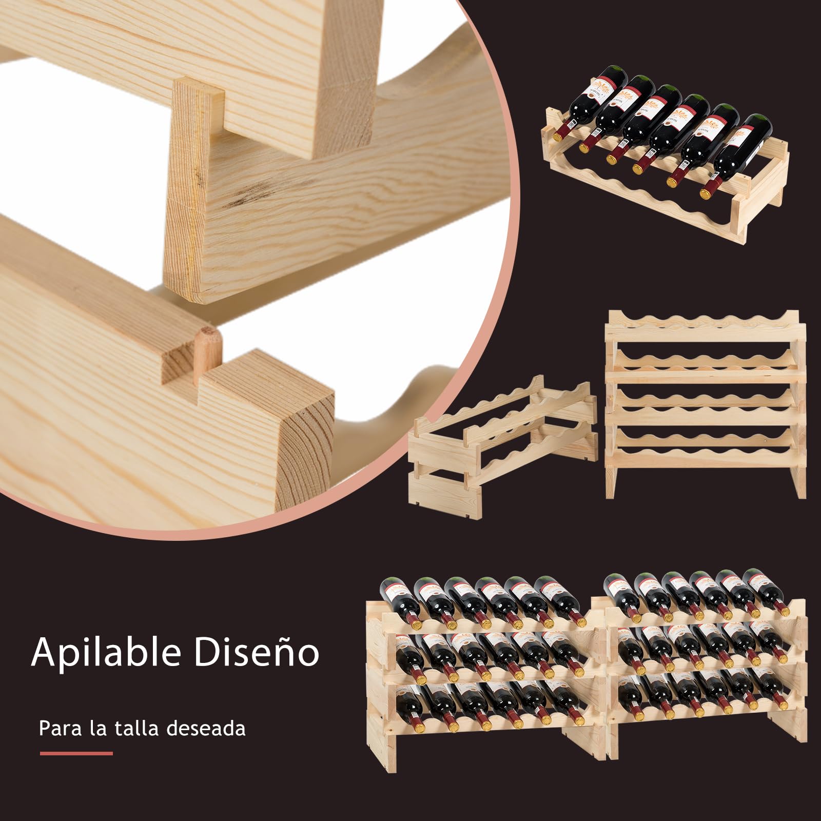 GOPLUS Botellero de Vino de Pino para 36 Botellas, Botellero Vertical con 6 Niveles Apilable, Diseño Inclinado, Estantería Compacta para Cocina, Bar, Bodega y Hogar, Gran Espacio, 63x28x85 cm, Natural