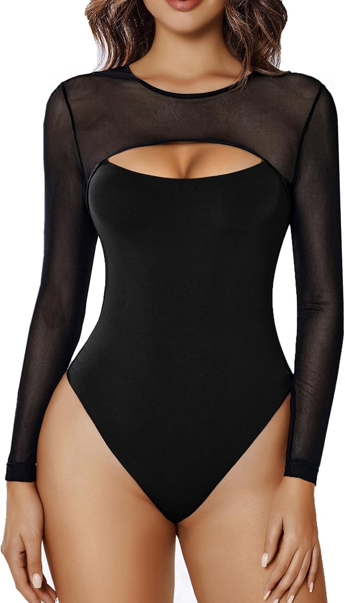 Avidlove Bodysuits for Women Round Neck Long Sleeve Mesh Bodysuit