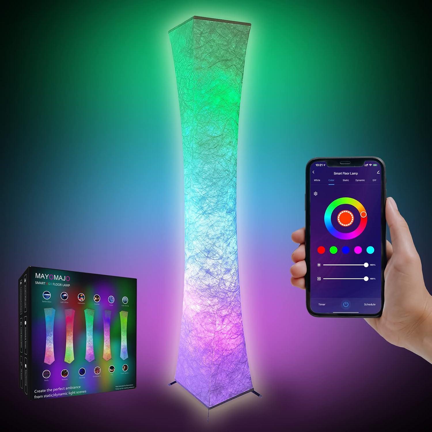 61 Inch Smart Floor Lamp, Soft Light RGB Color Changing, Voice Control, Compatible with Alexa &amp; Google Home, Music Sync Mood Lighting for Living
