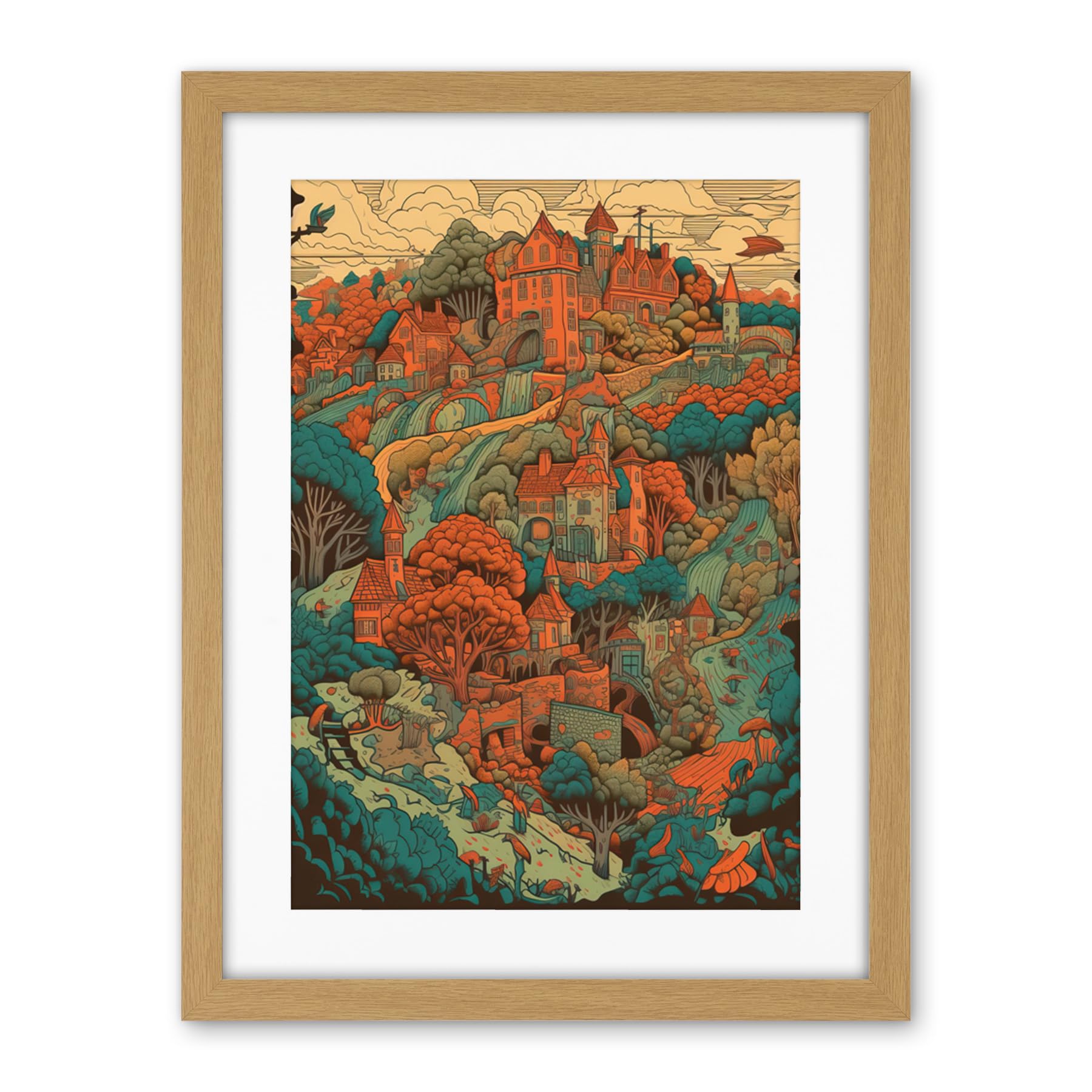 Artery8 Village in Forest Coral and Teal Blue Illustration Artwork Framed Wall Art Print 18X24 Inch