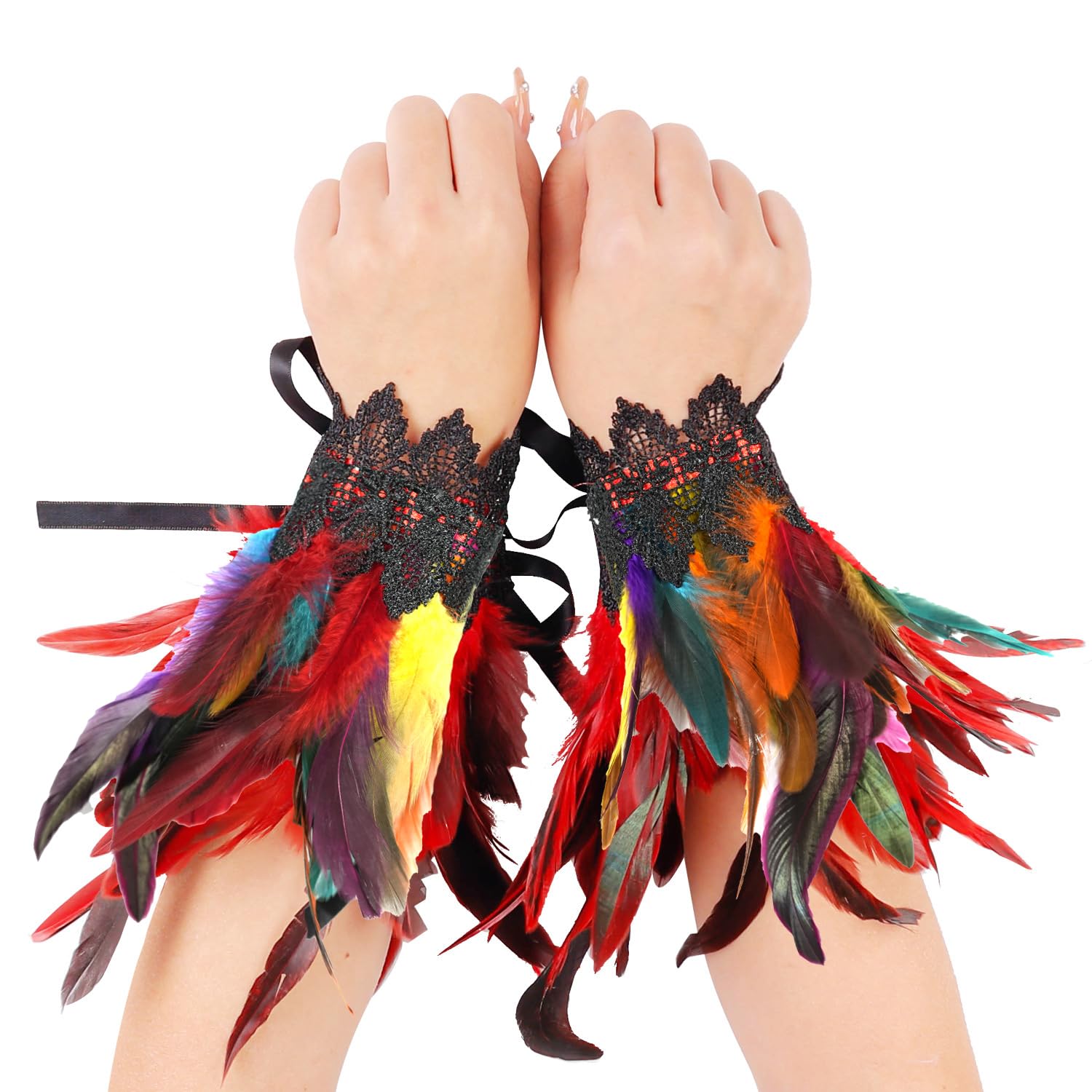 Blausky 1 Pair Feather Bracelets, Feather Bracelet, Lace Fingerless Gloves, Long Feather Gloves