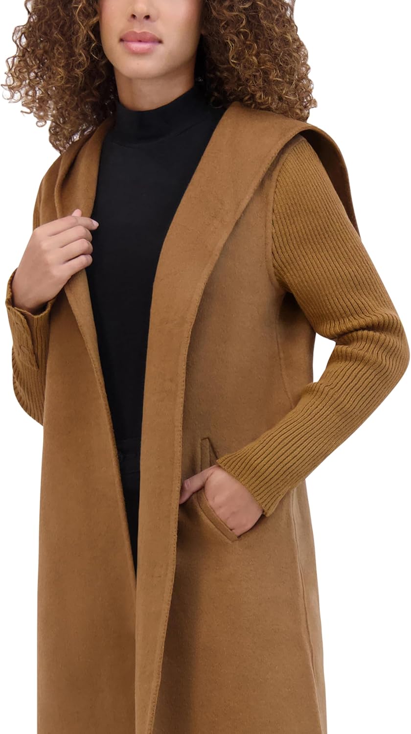 Kenneth Cole Women's Hooded Double Face Wool With Hidden Snap Closure and Rib Knit Sleeve Coat - Image 2