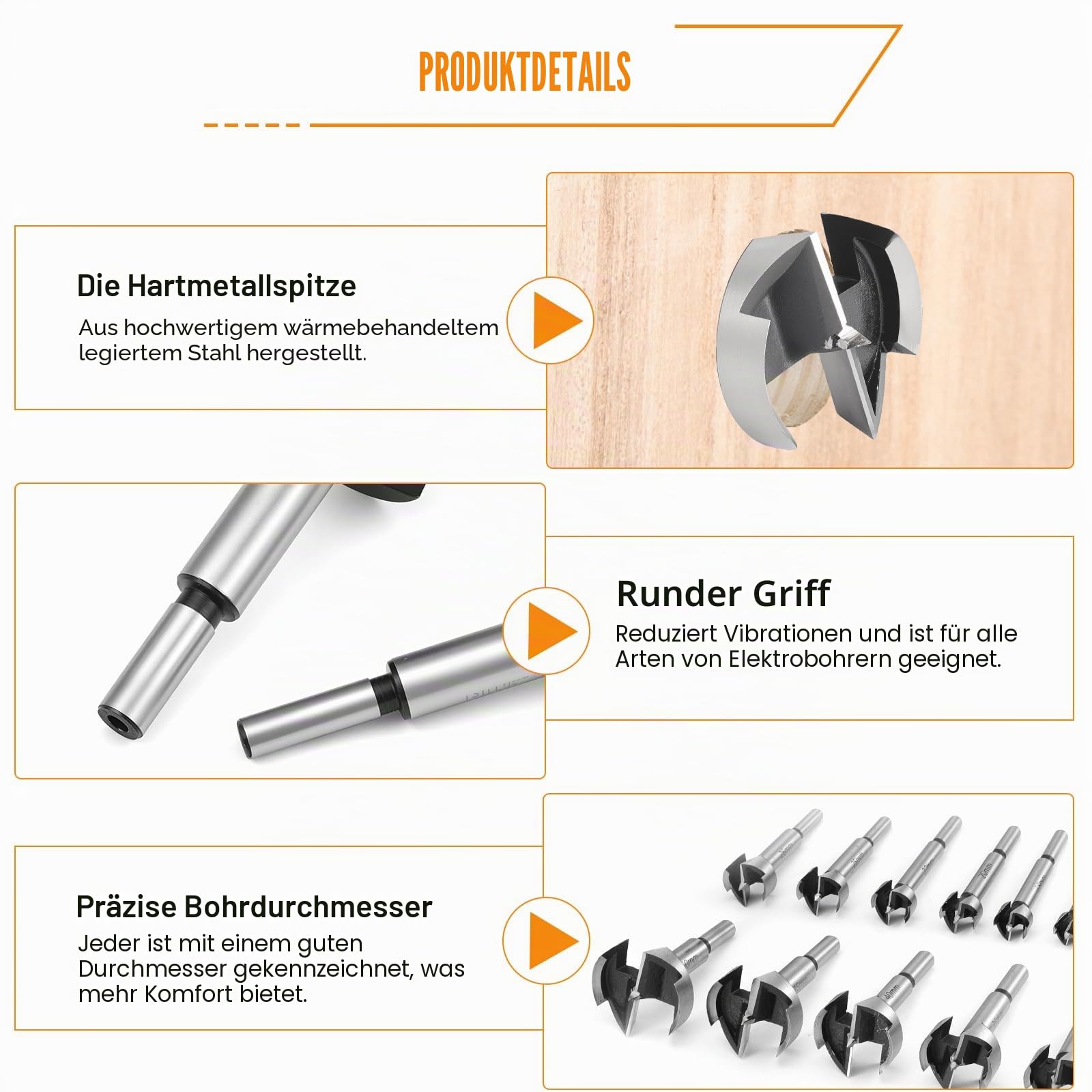Gueenky 15 Stück Forstnerbohrer Set, 10-50mm Topfbohrer Astlochbohrer Kunstbohrer Holzbohrer mit Rundschaft Forstner Bohrer Set Forstnerbohrer für Hartholz Weichholz