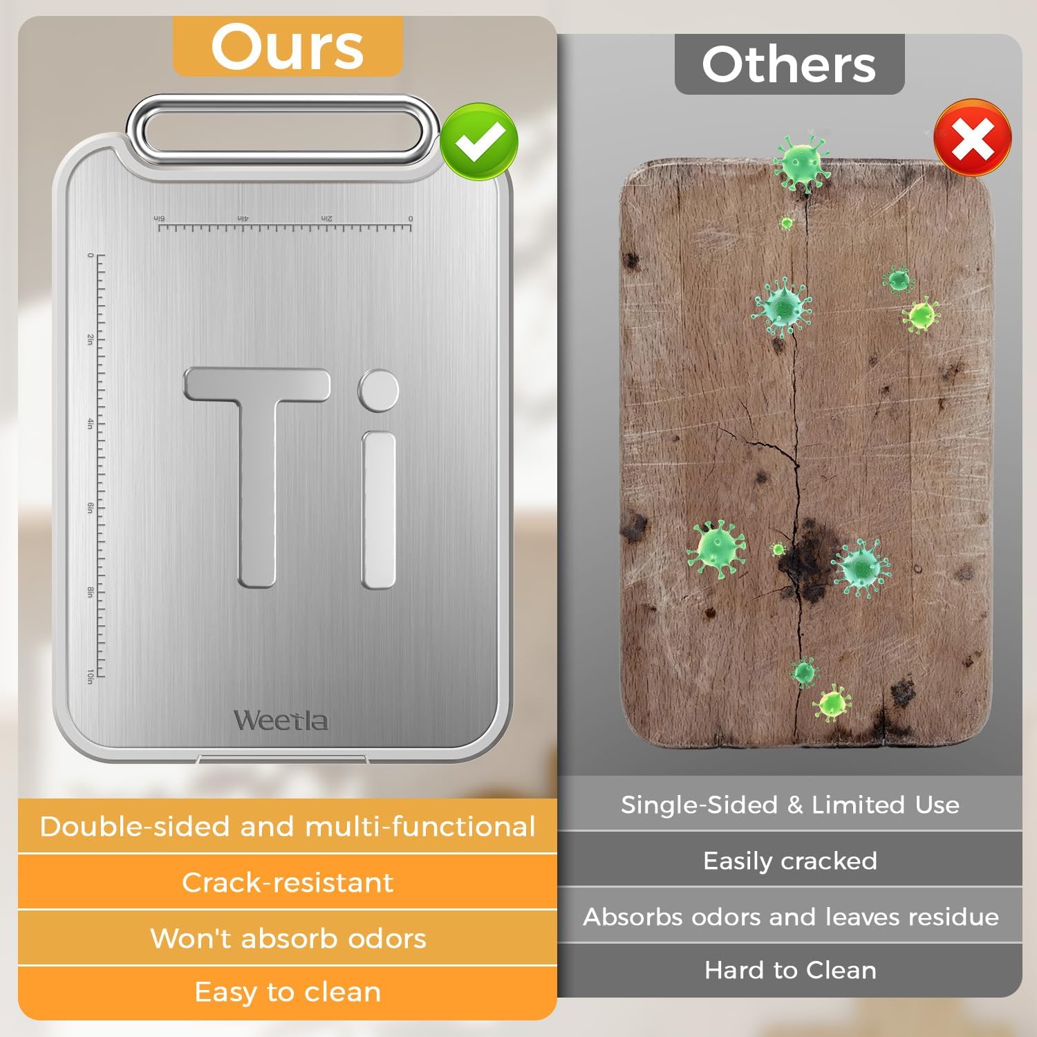 Titanium Cutting Board for Kitchen, Double Sided Cutting Board, Food Grade 2 in 1 Pure Titanium and Wheat Straw PP Chopping Boards Raw and Cooked Separation, Non-Slip 5s Quick Clean Large Size 16”×11” - Image 4
