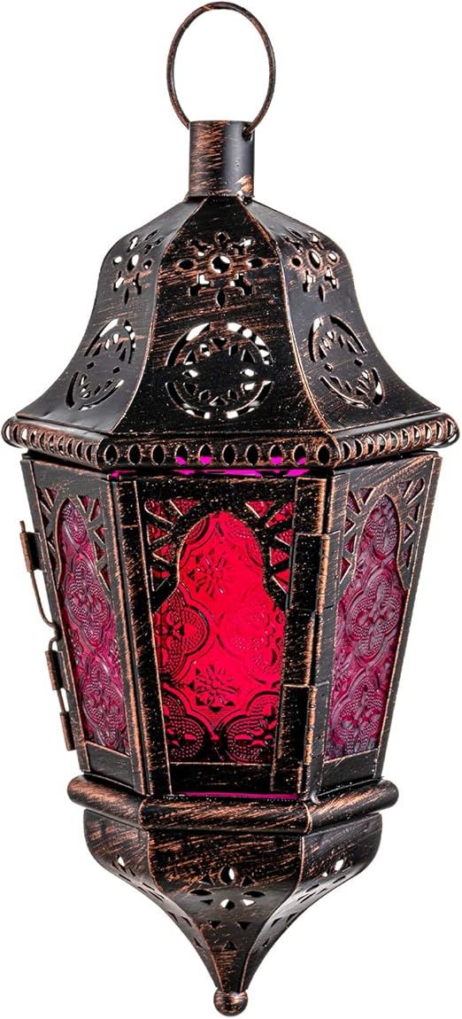DECORKEY Lantern Decorative Indoor & Outdoor, 13.6’’ Moroccan Style Vintage Decorative Hanging Lantern with Chian for Home Porch Patio Decor, Metal Christmas Halloween Ramadan Candle Holders(Purple)