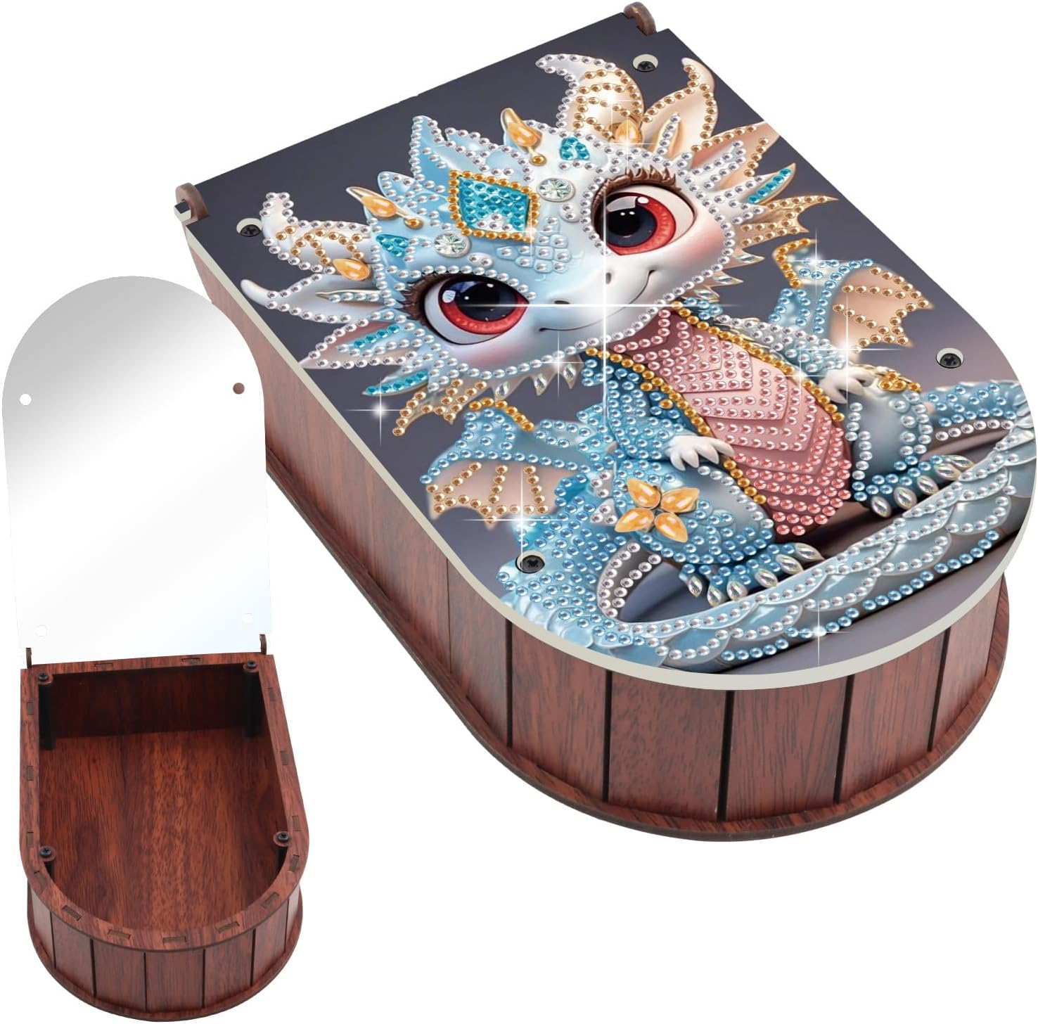 DIY Diamond Art Painting Wooden Curved Flip-Top Jewelry Accessories Storage Box Mirror Home Decor Present -Dragon