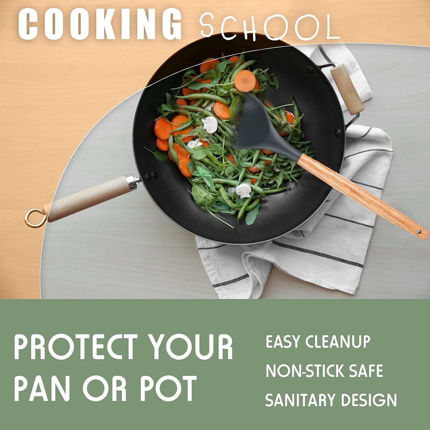 Patelai 2 Pcs Silicone Cooking Spoons 12.4" Wooden Handle Red, Gray