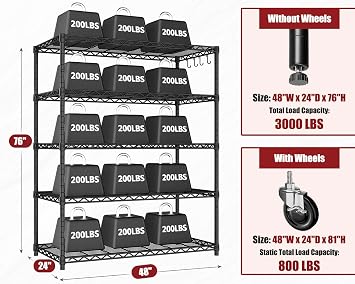 PrimeZone 48W x 24D x 81 Heavy Duty Wire Metal Shelving Unit with Wheels