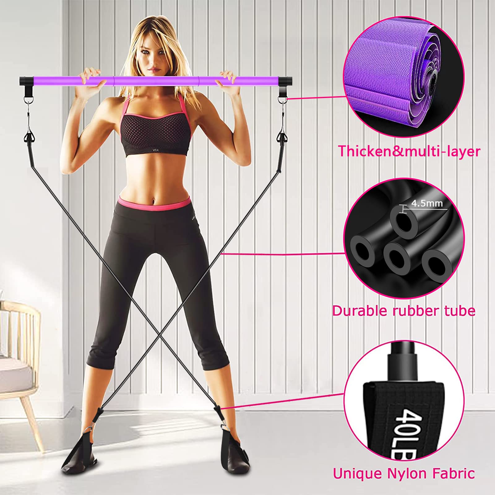 Pilates bar Set, Einstellbarer Pilates Bar mit 4 Resistances Bands（40 LBSx2、50LBSx2） Schaumstoffgriff und Türanker. tragbare fitnessgeräte für zuhause, für Yoga, Stretch, Formen. (violett)