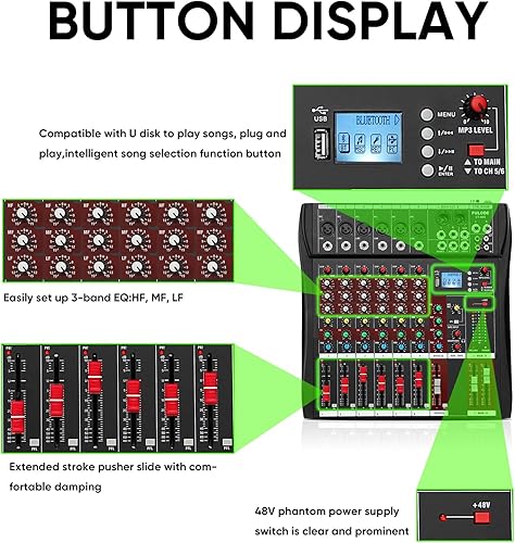 Vista 25 de Mezclador de audio de 12 canales, mezclador de música profesional CT-120S, tablero de mezcla de DJ con Reverb Bluetooth Reproductor MP3 48V Phantom