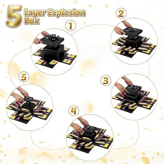 5 Layer Creative Explosion Gift Box, Snack Explosion Box with Ribbon and Double-Sided Tape, Exploding Gift Box, DIY Surprise Box for Birthdays, Valentine's Day, Wedding, Anniversaries (Black)