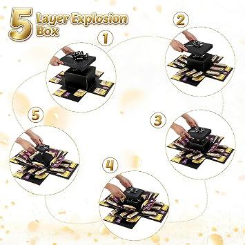 5 Layer Creative Explosion Gift Box, Snack Explosion Box with Ribbon and Double-Sided Tape, Exploding Gift Box, DIY Surprise Box for Birthdays, Valentine's Day, Wedding, Anniversaries (Black)