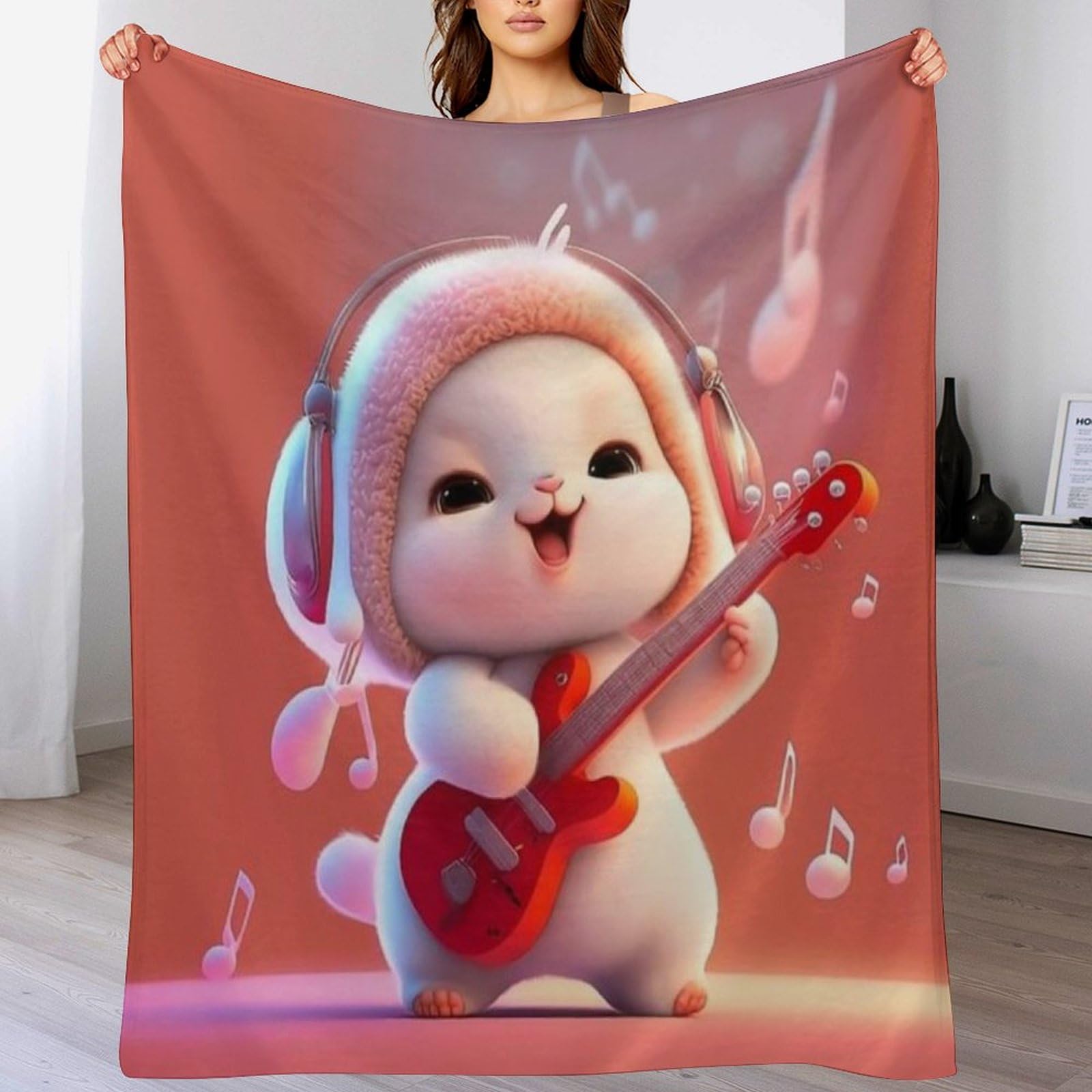 Couverture polaire lapin mignon 130x150 cm en flannel douce pour lit et canapé