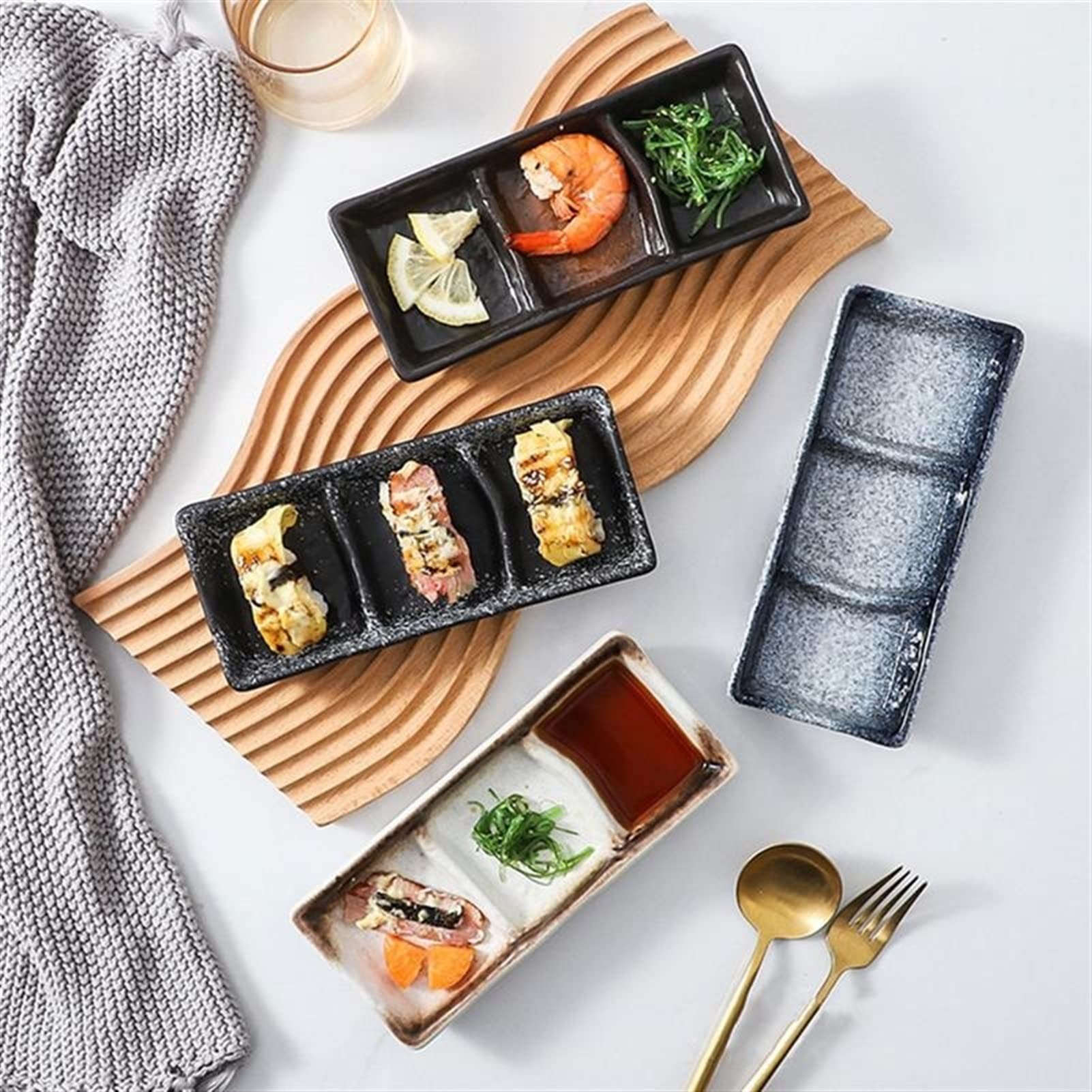 Keramik DREI Grid Sauce Gericht Vorspeise Serviertablett Essig Soja Senf Sushi Snack