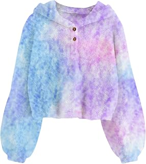 Girls Fuzzy Hoodies Kids Warm Loose Button Down Pullover Tie Dye 3D Printing Top 5-12 Years