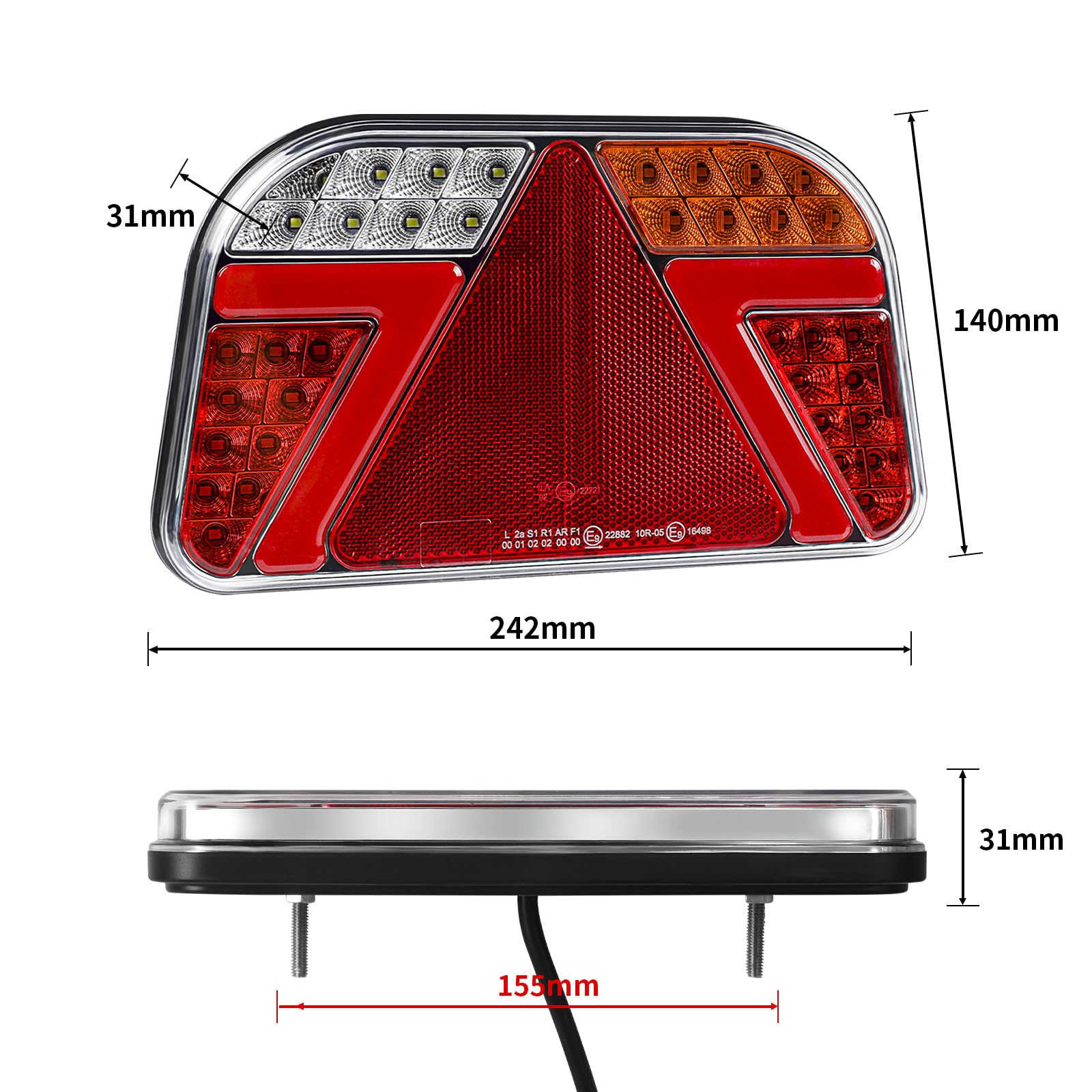 2 szt. Zestaw tylnych świateł przyczepy 12 V/24 V LED Tylne światła z trójkątnym odblaskiem, oświetlenie tablicy rejestracyjnej, 6-żyłowy kabel o długości 25 cm, wodoodporność IP67