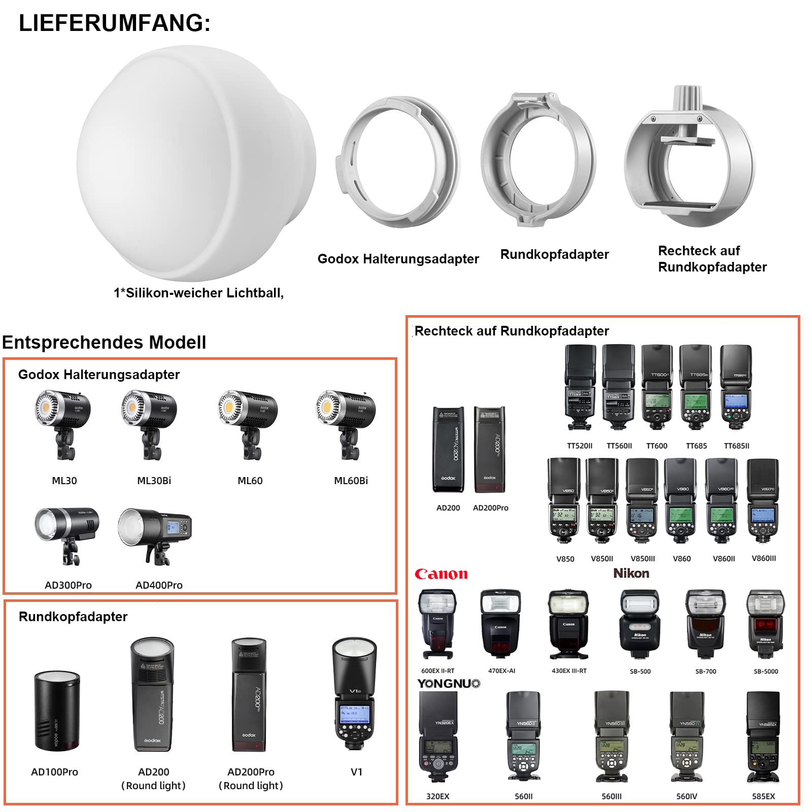 Godox ML-CD15 - Kit cupola di diffusione (3 anelli adattatori inclusi), diffusore pieghevole per ML30 ML30Bi ML60 ML60Bi V1S V1C V1N V1O V1F V850III V860III TT685II AD100/200/300/400Pro