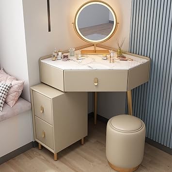 Corner Vanity Set with Lighted Mirror, Makeup Dresser Table with Drawers, Cabinet and Cushioned Stool, Girls Vanity Desk for Dressing Room, Bedroom Color Khaki