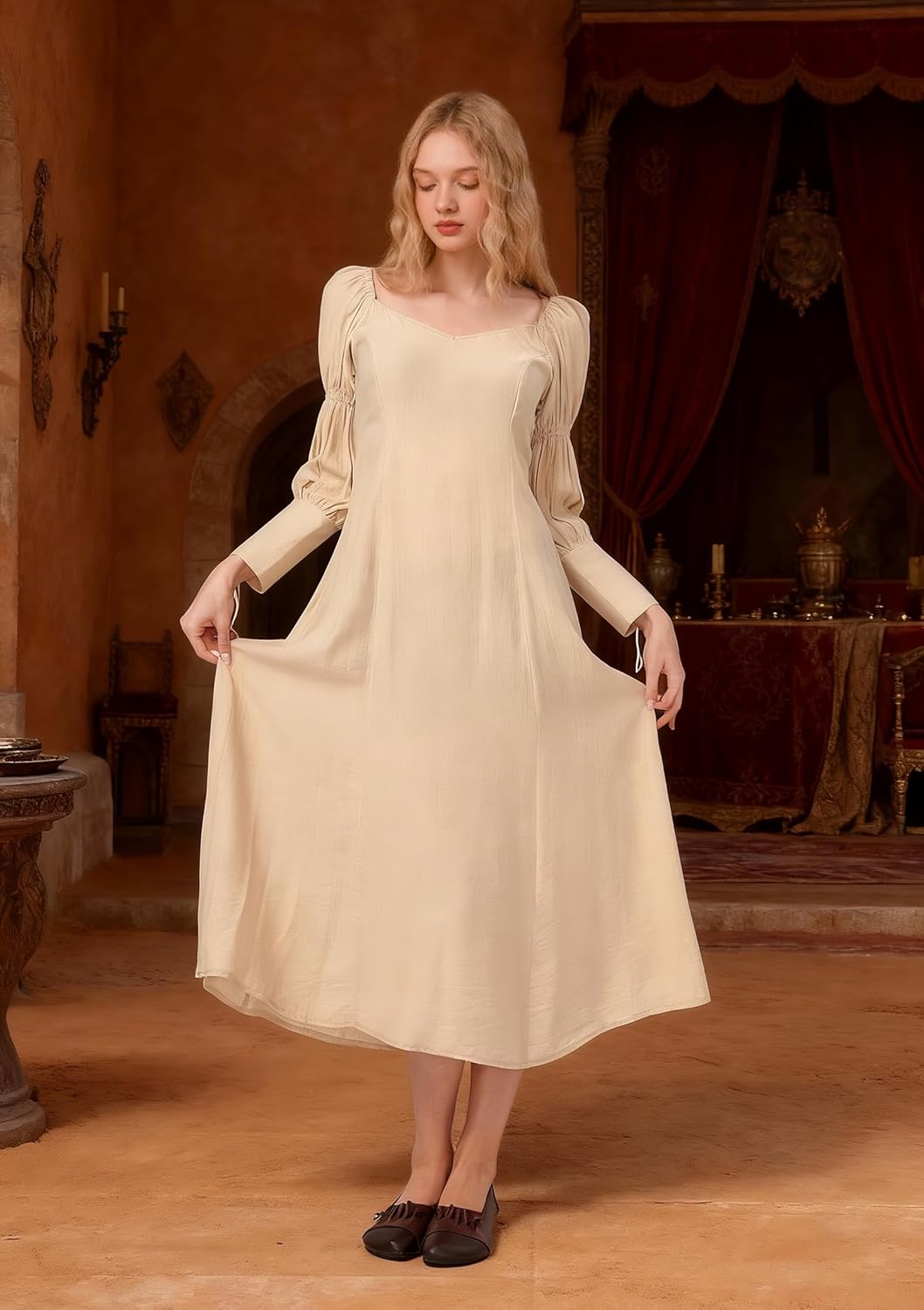 Medieval Regency Dress Renaissance Vintage Square Neck Puff Sleeve Maxi Underdress Ren Faire Costume for Women