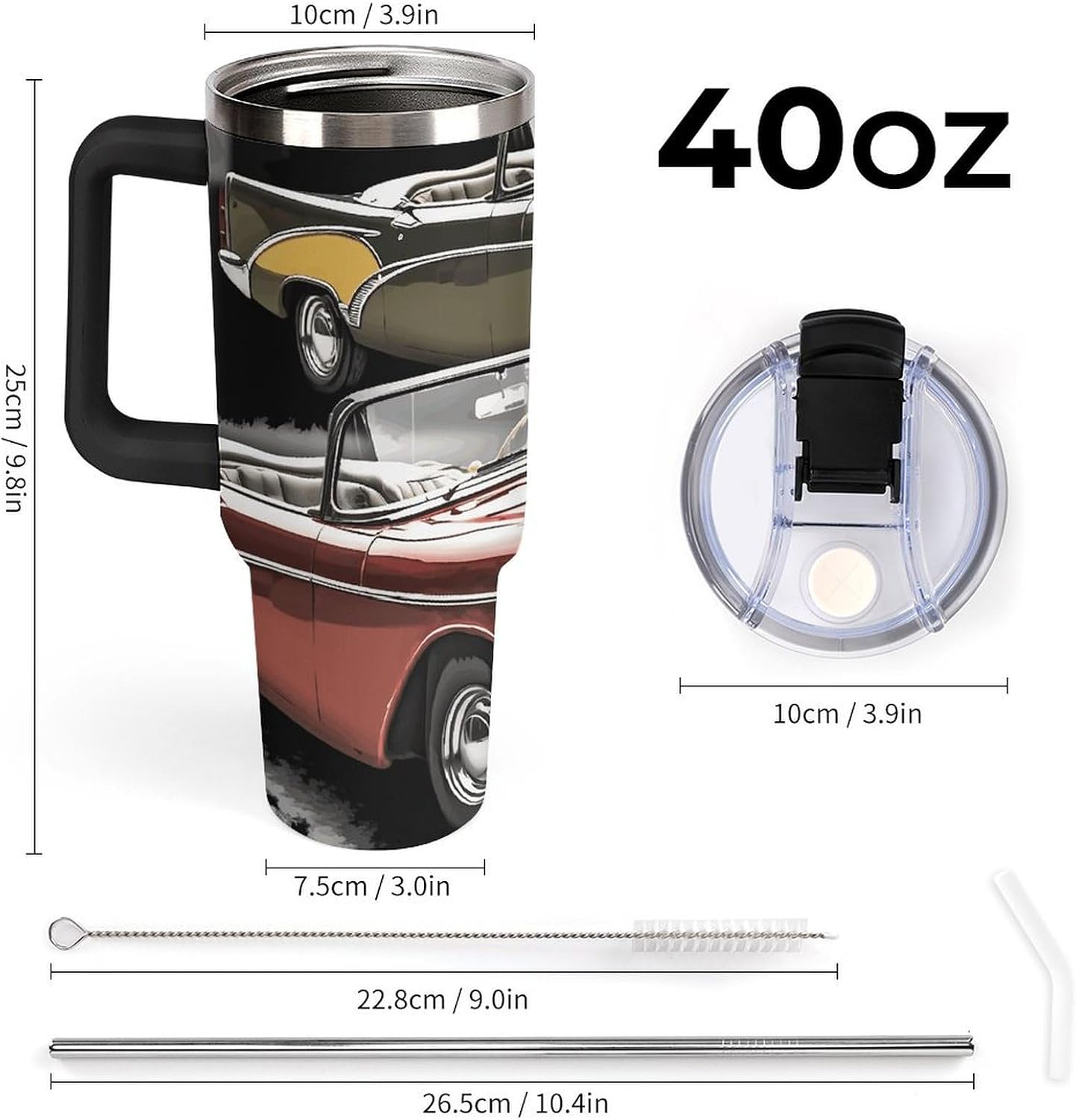40 Oz Tumbler with Handle Classic Car Roadsters Old Fashioned Stainless Steel Coffee Mug Reusable Travel Mug Leak-proof Insulated Car Cup Large Capacity Tumbler for Travel, Outdoor, Home Use (Black) image 2