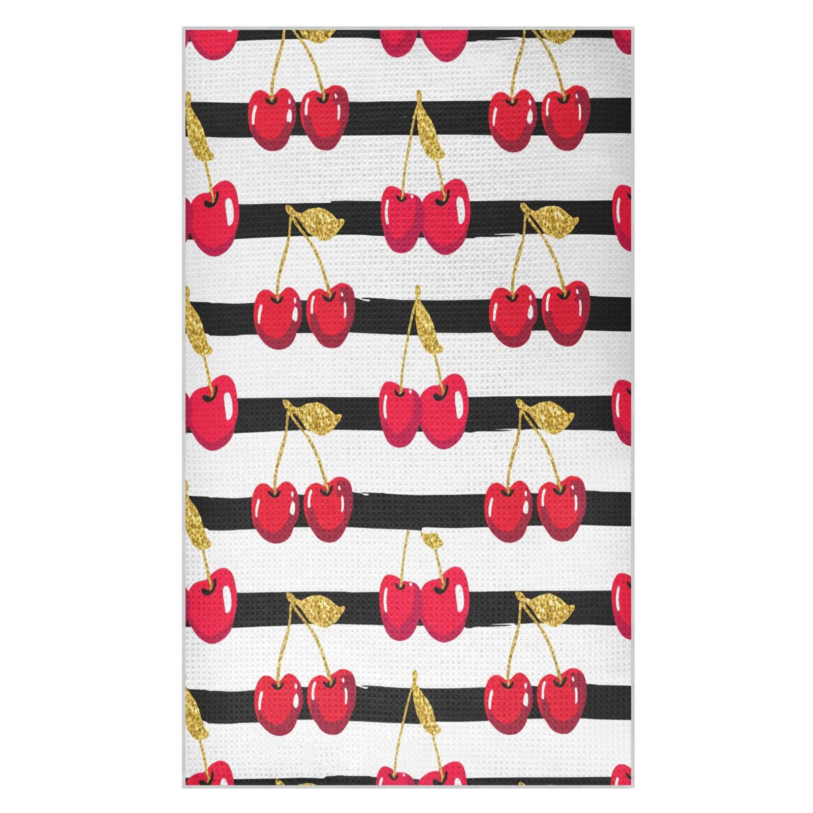 BURSTDDY Cherries Golden Stripes Kitchen Towels,Absorbent Dish Towels 1 Pack