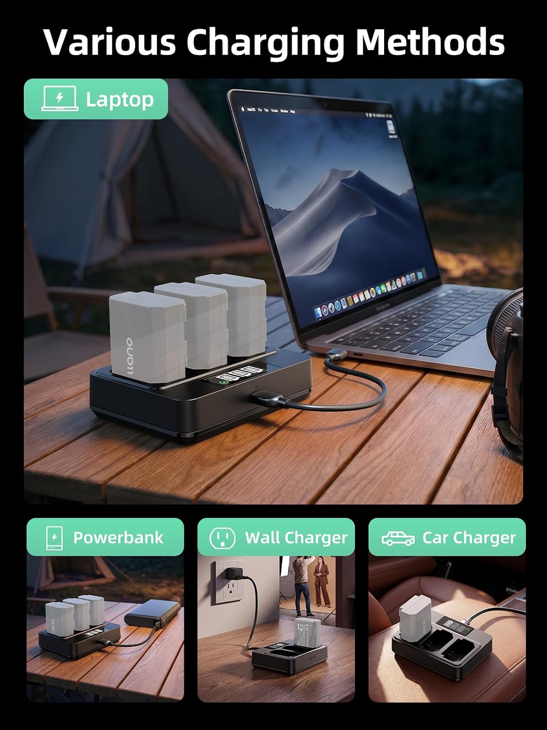 llano NP-FZ100 Battery Charger, 45W 3-Slot Fast Charger with USB-C QC3.0