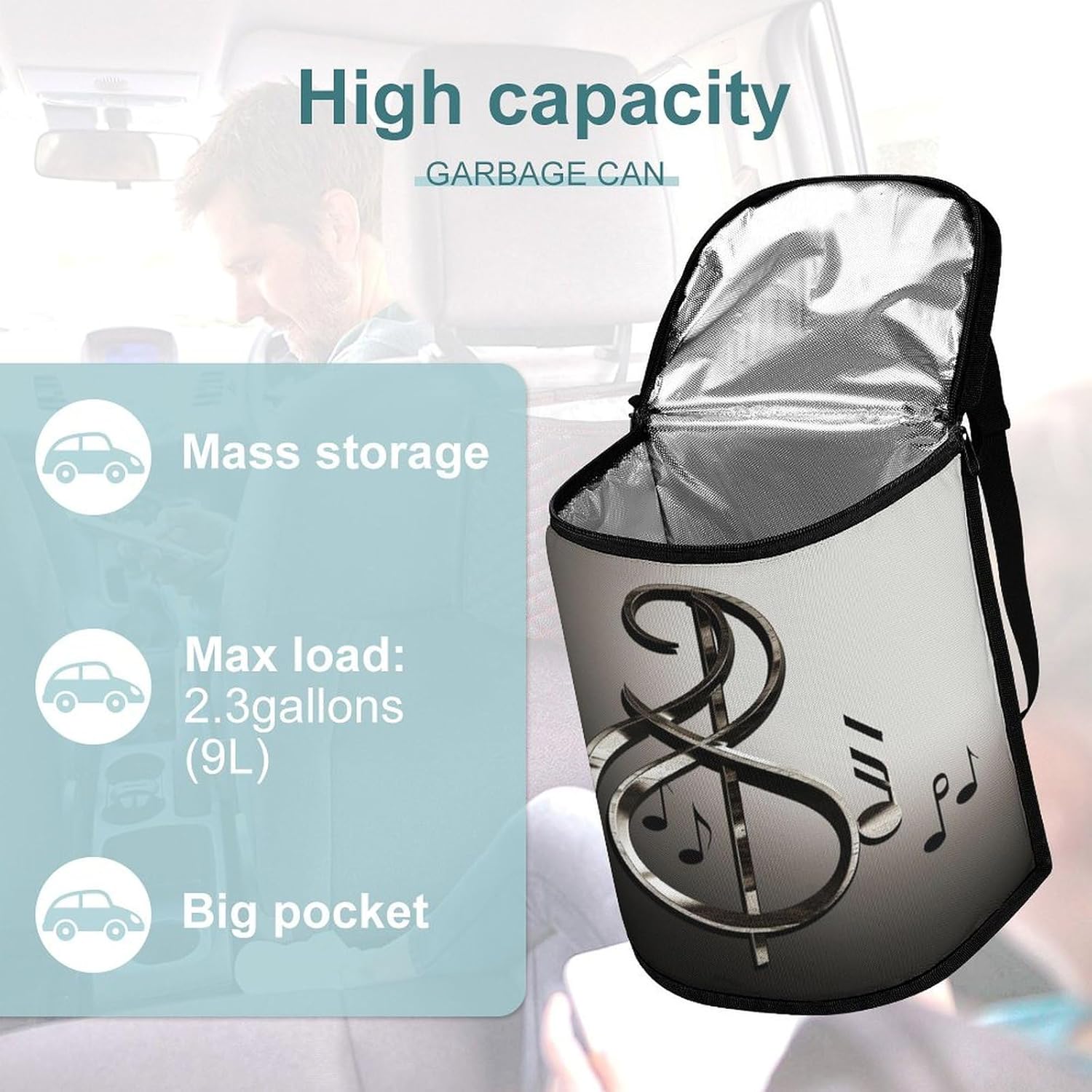 Hanging Car Trash Bag Music Symbol Printed Car Garbage Storage Bag Leakproof Car Trash Can Portable Garbage Storage Bags