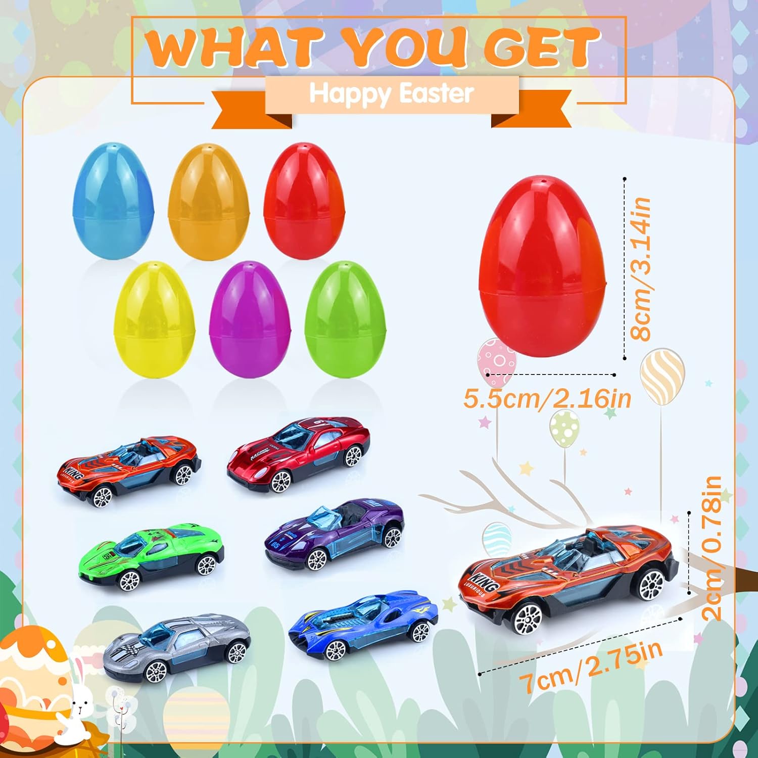 OCHIDO 12Pack Easter Eggs Filled with Die-Cast Cars, Prefilled Easter Eggs with Toys Inside for Kids Easter Basket Essentials, Easter Egg Hunting Games Party Favor Supplies