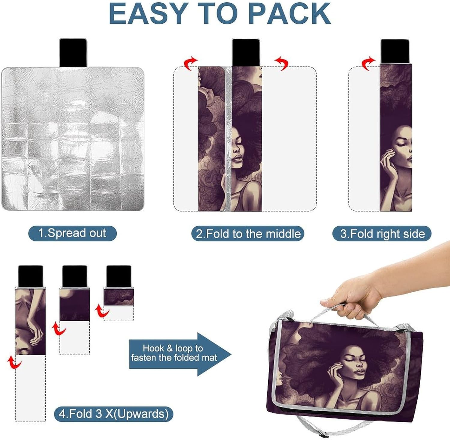 African Hair Black Women Waterproof Picnic Blanket 58.3''x58.3'',Portable and Foldable Picnic Mat with Handle,Outdoor Blankets for Lawn Park Beach Travel