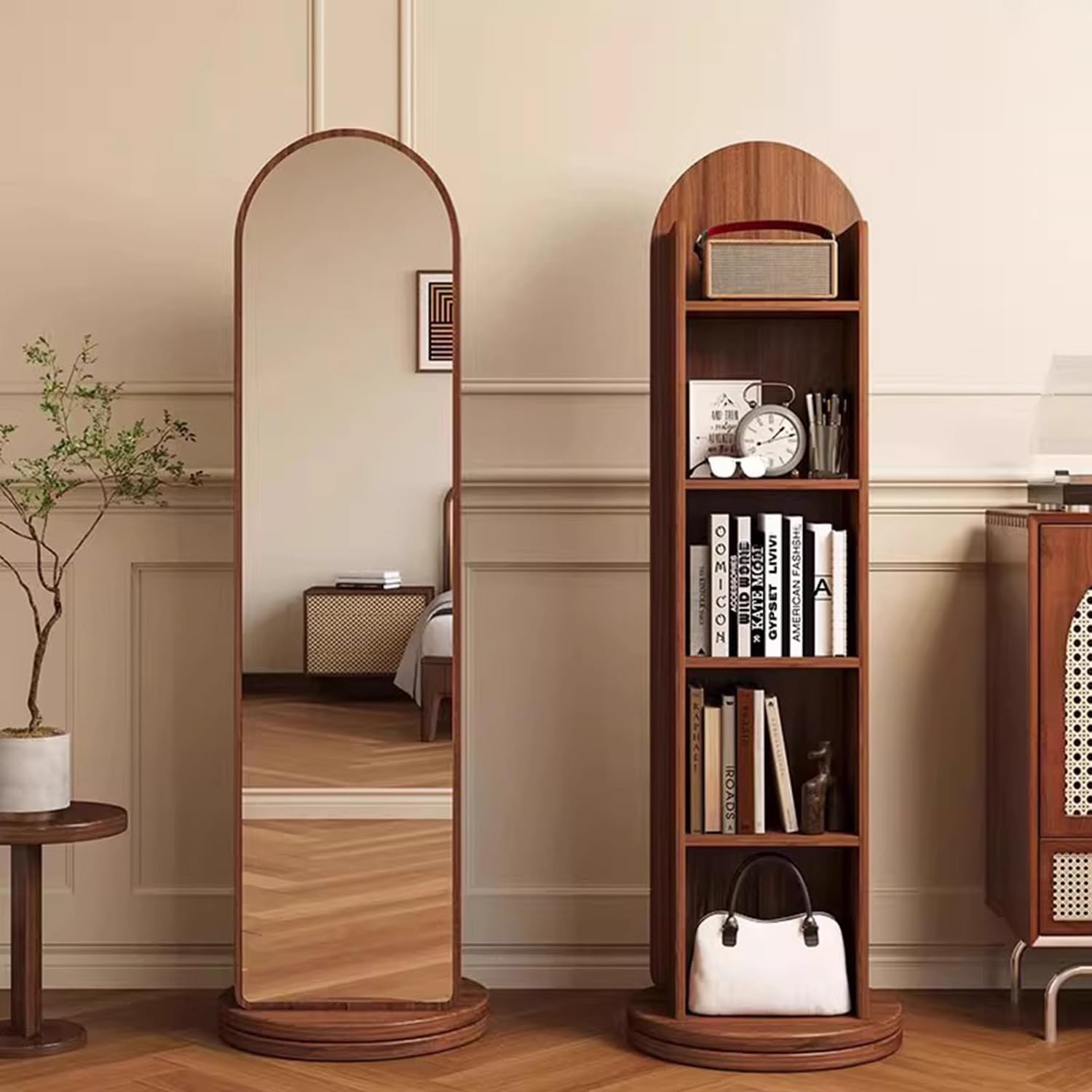Full Length Mirror with Jewelry Armoire, 360° Rotating Wood Frame Full Body Floor Mirror, 5 Tier Large Capacity Organizer Rack, 2-in-1 Freestanding Bookshelf for Living Room, Bedroom, Cloakroom