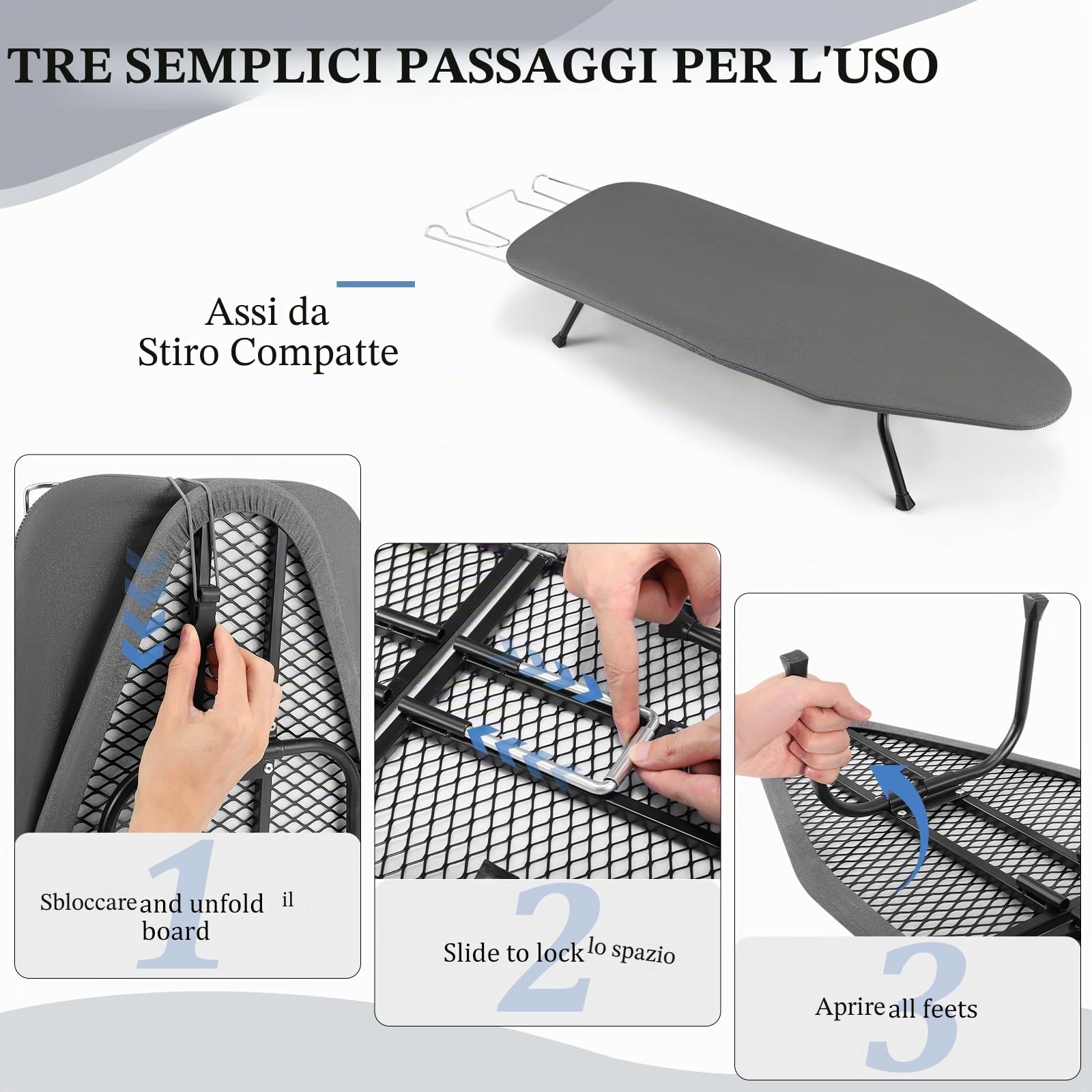 Asse da Stiro Pieghevole, Asse da Stiro Salvaspazio Piccola Tavola da Tavolo con Poggia Ferro, Mini Piedini Antiscivolo Pieghevoli Portatili per Casa, Lavanderia, Dormitori, Viaggi