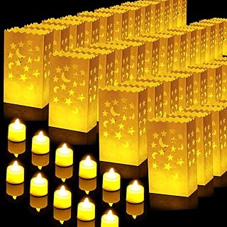 Sabary 50 Set Luminary Bags with Flameless Tea Lights Christmas Luminaries LED Lantern Candle Bags for Birthday Wedding Halloween Christmas Party Decorations Outdoor Romantic Decor(Moon)