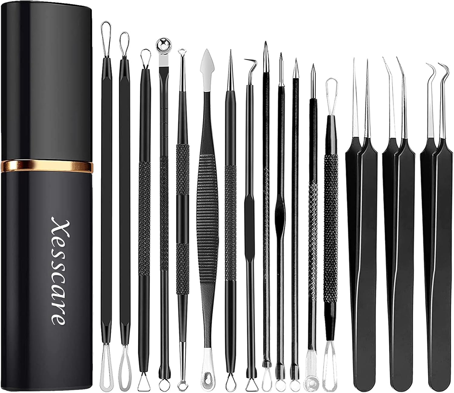 Xesscare Pimple Popper Tool Kit 16 Pcs Blackhead Remover Tool Comedones Tweezers Acne Extractor Blemish Whitehead Removal Tool for Facial, Nose and Forehead Black : Beauty & Personal Care