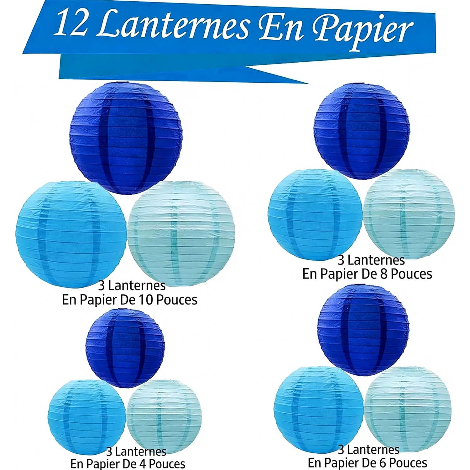 Lanterne en Papier Bleu Lot de 12 Lanternes Rondes en Papier pour Mariage，Diplômé，Anniversaire，Baptêmes Décoration