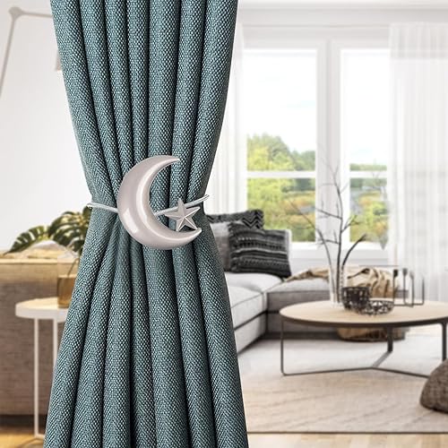 Miniatura 3 de Alzapaños de cortina, paquete de 2 alzapaños magnéticos para cortinas, estrella y luna, sujetadores de cortina magnéticos para cortinas, clips de