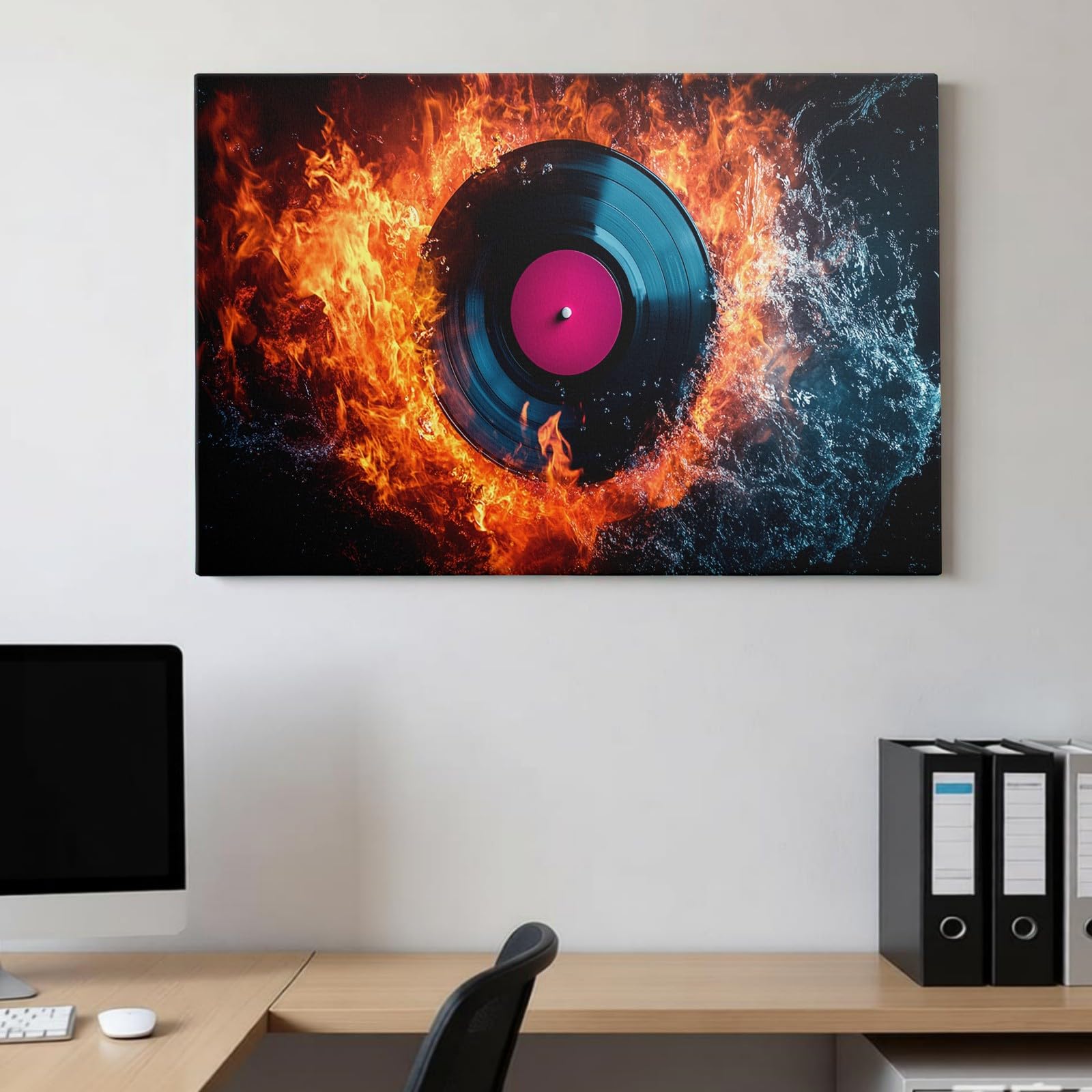 Quadro Moderno Effetto Pittura 70 x 50 cm Dischi in vinile musicali Stampa su Tela Elementi Acqua E Fuoco Decorazione Murale per Soggiorno Camera Cucina Arredo Casa