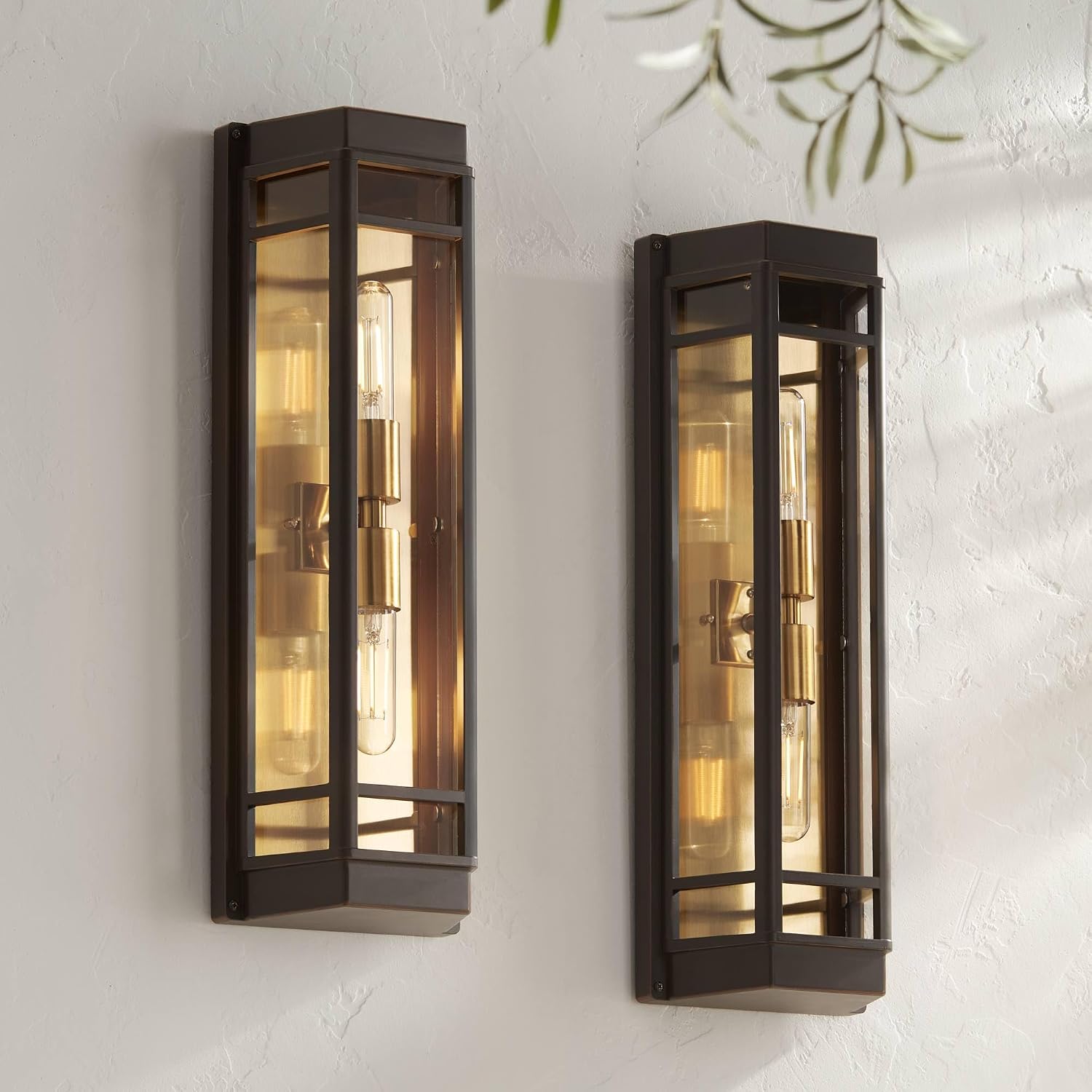 John Timberland Catie 21" High Modern 2-Light Outdoor Wall Light Fixture Mount Porch House Exterior Outside Lantern Set of 2 Weatherproof Sand Bronze and Brass Finish Aluminum Clear Glass Shade
