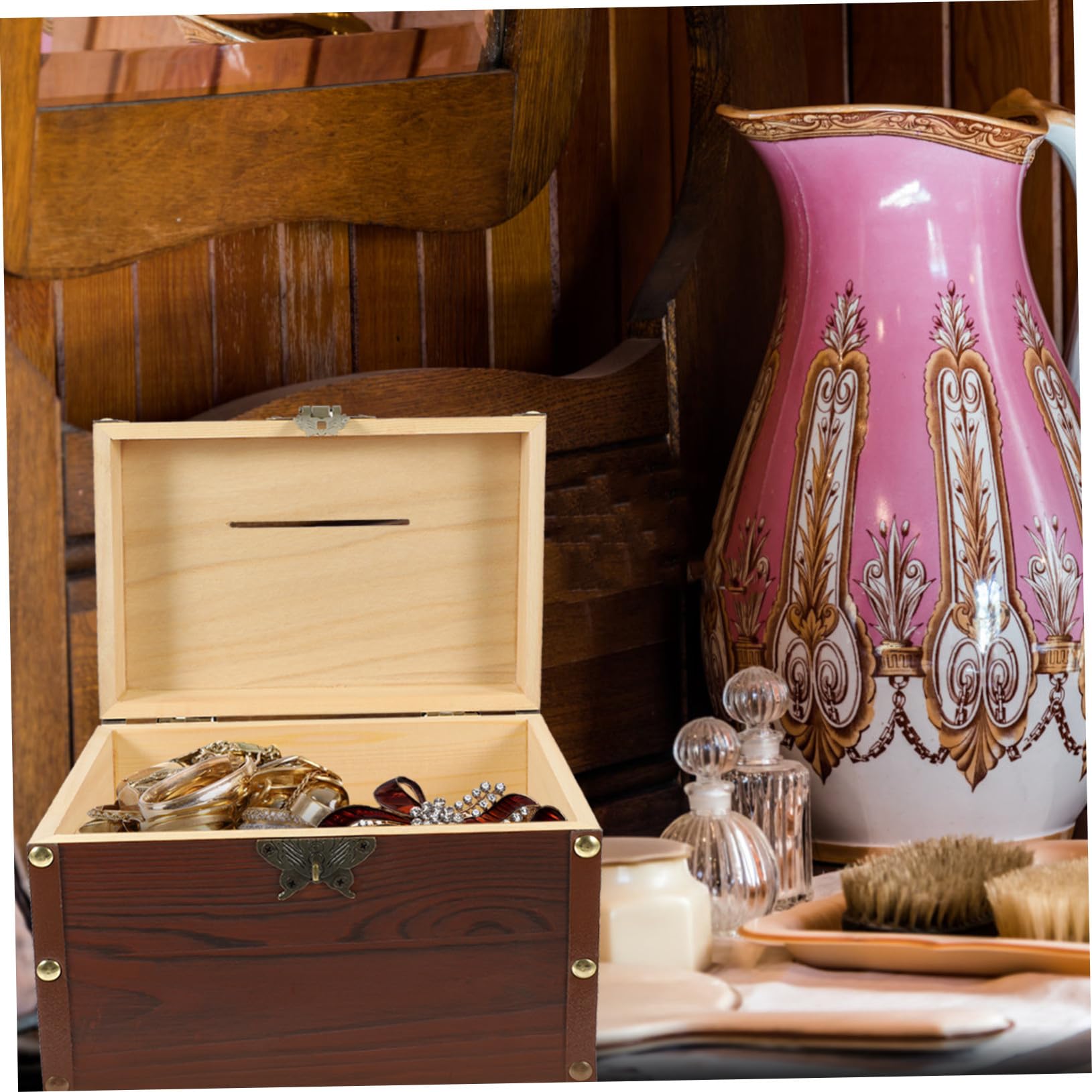 Caja de Ahorros de Madera Marrón Estilo Retro en Forma de Cofre