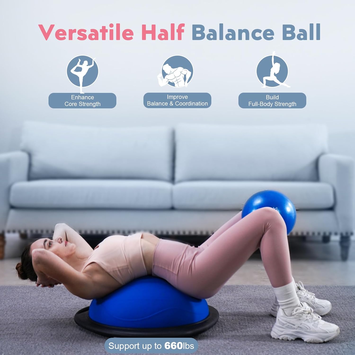 Half Balance Ball Trainer, Inflatable 19/23 Inch Half Exercise Ball with Resistance Bands and Pilates Ball, Non-Slip 660lbs Capacity Yoga Ball for Home Gym Full Body Workouts