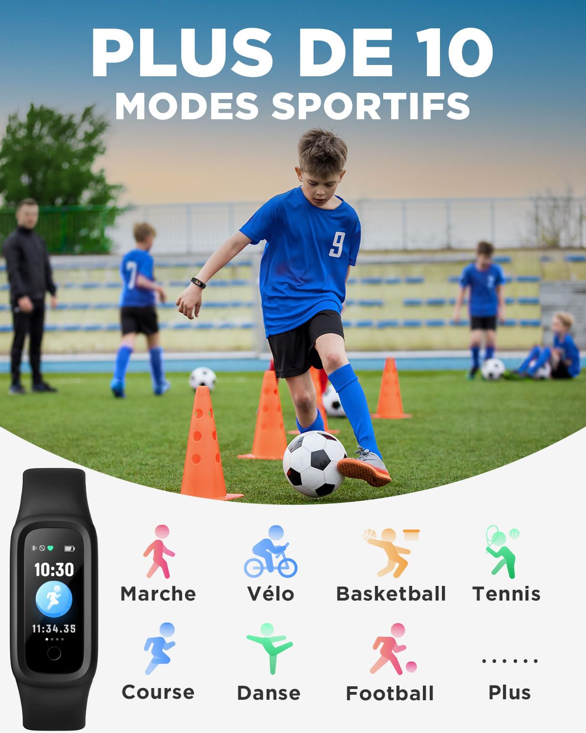 BIGGERFIVE Vigor 2 L Montre de Fitness Enfants 5-15 Ans IP68 Tracker d'Activité Podomètre Moniteur Cardiaque Noir