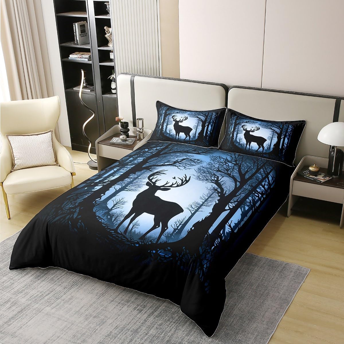 100% Cotton Watercolor Blue Jungle Duvet Cover Full Size,Deer Antler Silhouette Wild Animals Trees Comforter Cover (Not Comforter),Outdoor Camping Landscape Dark Night All Season Bedding