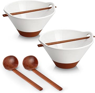 MALACASA 42 oz Ceramic Ramen Bowls with Chopsticks & Spoon, White & Khaki