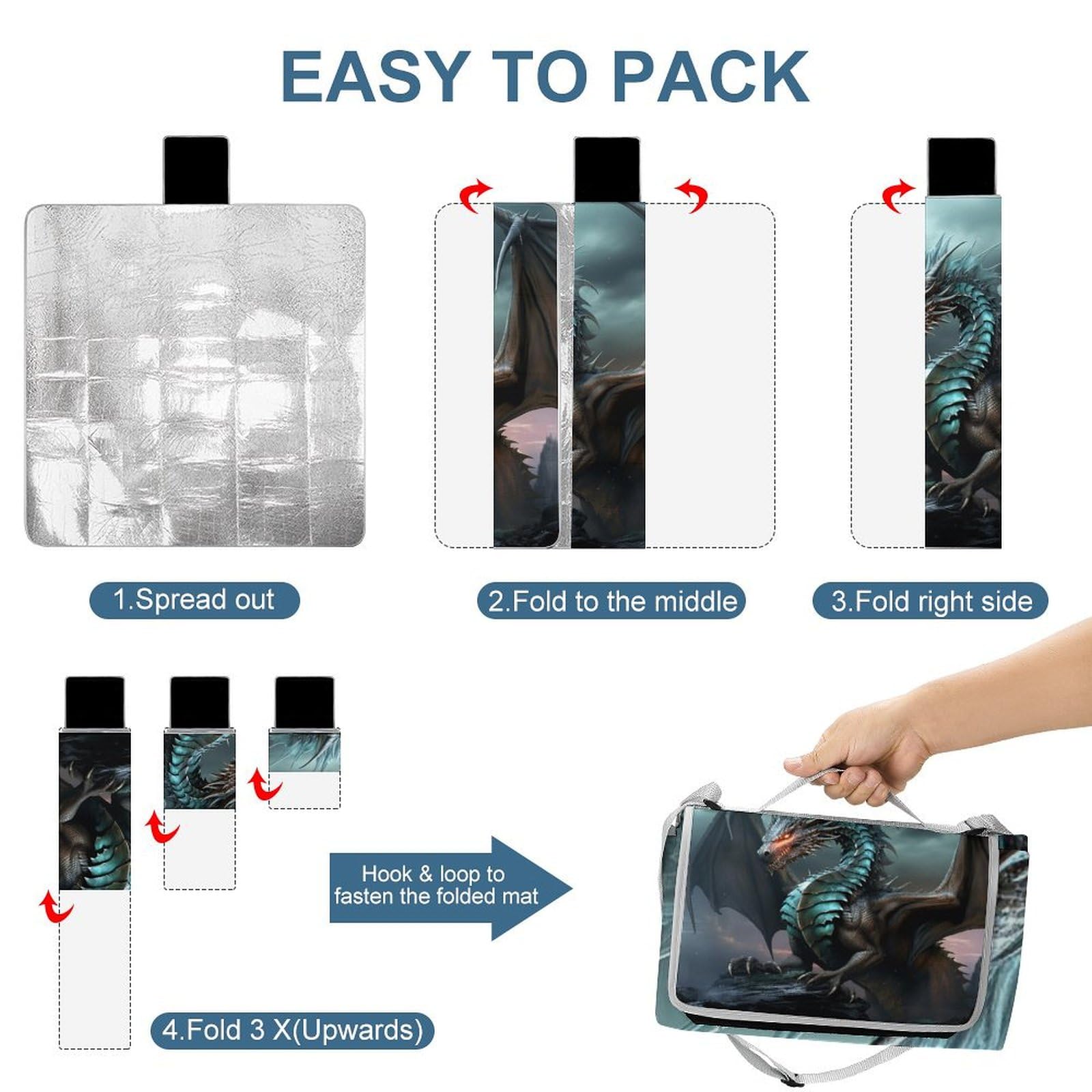 Coperta da picnic da spiaggia, coperta da picnic con stampa drago, impermeabile, pieghevole, extra large, tappetino quadrato da picnic, per escursioni, viaggi, campeggio all'aperto, parchi
